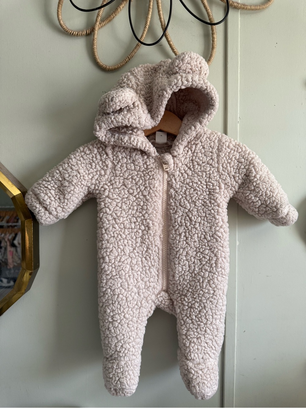 SHEIN Cream Teddy Fleece Hooded Baby One-Piece